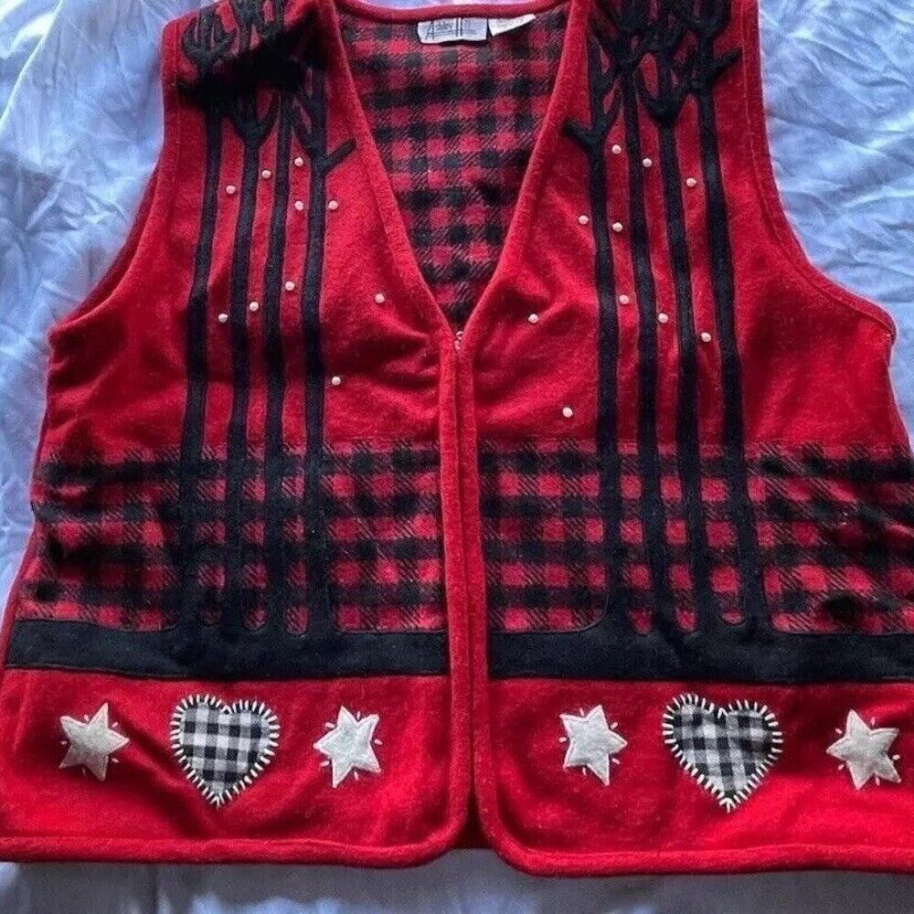 ASHLEY HILL Red Black Pullover Zip Hearts Vest Wool Women’s Sweater Size XL